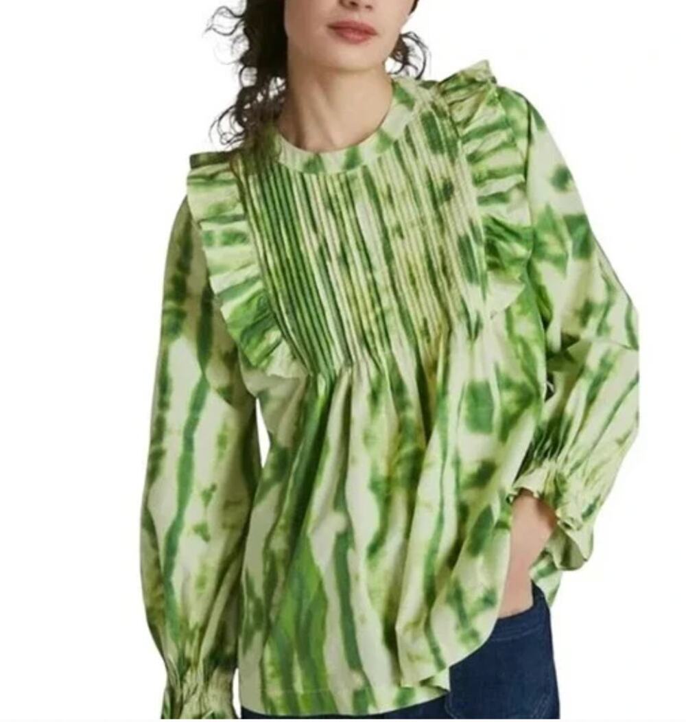 Anthropologie Samant Chauhan Top Women Small Green Ruffle Pleated Boho Cottage